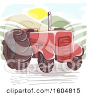 Poster, Art Print Of Vintage Red Farm Tractor At Sunrise