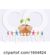 Poster, Art Print Of Colorful Paper People Holding Hands Around A Giant Seedling Plant With Houses On An Off White Background
