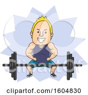 Clipart Of A Cartoon Blond White Man Flexing Over A Heavy Barbell Royalty Free Vector Illustration