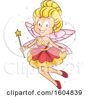Clipart Of A Flying Happy Blond Fairy Holding A Magic Wand Royalty Free Vector Illustration
