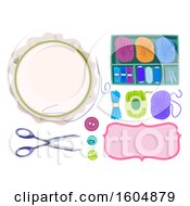 Clipart Of Embroidery Accessories Scissors Buttons Hoop Frame Needle Thread And Yarn Royalty Free Vector Illustration