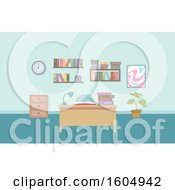 Clipart Of A Blue Office Interior With A Desk And Shelves On The Wall Royalty Free Vector Illustration