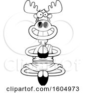 Clipart Of A Cartoon Black And White Meditating And Grinning Zen Moose Royalty Free Vector Illustration