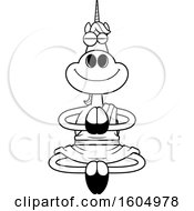 Clipart Of A Cartoon Black And White Meditating Zen Unicorn Royalty Free Vector Illustration