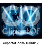 Clipart Of A Silhouetted Band In Action On Stage In Blue Lighting Royalty Free Vector Illustration by AtStockIllustration