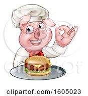 Clipart Of A Chef Pig Holding A Cheeseburger On A Tray And Gesturing Perfect Royalty Free Vector Illustration by AtStockIllustration