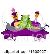 Poster, Art Print Of Halloween Banner With A Frog And Potion Bottles
