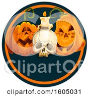 Poster, Art Print Of Skull Candle And Halloween Jackolantern Pumpkins