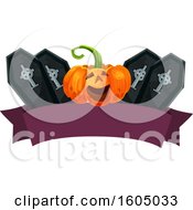 Poster, Art Print Of Banner With A Halloween Jackolantern Pumpkin And Coffins