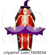 Poster, Art Print Of Skeleton With A Witch Hat And Banner In A Coffin
