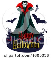 Poster, Art Print Of Happy Halloween Greeting With A Vampire With Bats