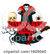 Poster, Art Print Of Halloween Party Design With A Skull Spider Bloody Knife And Vampire