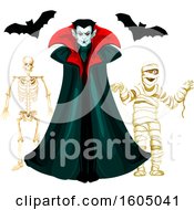 Poster, Art Print Of Vampire With Bats A Mummy And Skeleton