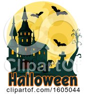 Clipart Of A Haunted Halloween Castle And Full Moon With Bats And A Cemetery Royalty Free Vector Illustration by Vector Tradition SM