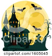 Poster, Art Print Of Haunted Halloween Castle And Full Moon With Bats And A Cemetery