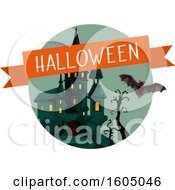 Halloween Banner Over A Haunted Castle And Bat