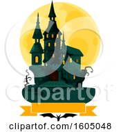 Poster, Art Print Of Haunted Halloween Castle And Full Moon Over A Banner And Bat