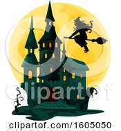 Haunted Halloween Castle And Full Moon With A Witch