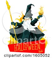 Poster, Art Print Of Wizard Throwing A Fire Ball Over A Halloween Banner