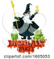 Poster, Art Print Of Wizard Throwing A Fire Ball Over A Frog And Halloween Party Text