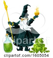Poster, Art Print Of Wizard Throwing A Fire Ball Over A Potion Bottle And Frog
