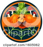 Clipart Of A Frog On A Jackolantern Halloween Pumpkin Above A Web Royalty Free Vector Illustration