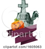 Clipart Of A Halloween Pumpkin Zombie Hand And Tombstone Over A Banner Royalty Free Vector Illustration