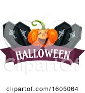 Clipart Of A Halloween Banner With A Jackolantern Pumpkin And Coffins Royalty Free Vector Illustration