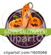 Poster, Art Print Of Happy Halloween Greeting With A Spider Web And Halloween Jackolanterns