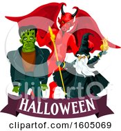 Poster, Art Print Of Demon Wizard And Frankenstein Over A Halloween Banner