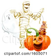 Poster, Art Print Of Halloween Ghost Mummy And Jackolantern Pumpkin