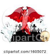 Clipart Of A Demon With Ghosts And A Skull In A Cemetery Royalty Free Vector Illustration by Vector Tradition SM