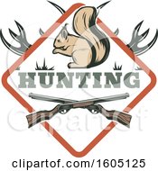 Poster, Art Print Of Hunting Design With Rifles Antlers And A Squirrel In A Diamond