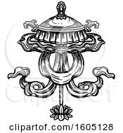 Clipart Of A Sketched Black And White Buddhist Dhvaja Victory Banner Royalty Free Vector Illustration
