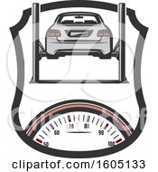 Clipart Of A Shield With A Car On A Lift Over A Speedometer Royalty Free Vector Illustration by Vector Tradition SM