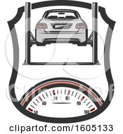 Shield With A Car On A Lift Over A Speedometer