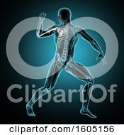 Clipart Of A 3d Xray Man With Visible Skeleton And Arm Bones Highlighted Over Blue And Black Royalty Free Illustration