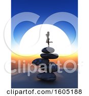 Poster, Art Print Of 3d Silhouetted Woman Balanced In A Yoga Pose On Rocks Against A Sunset