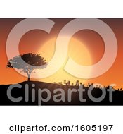 Clipart Of A Silhouetted Hill With A Tree And Plants Against An Orange Sunset Sky Royalty Free Vector Illustration