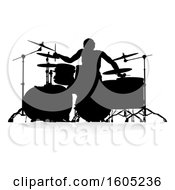 Clipart Of A Silhouetted Male Drummer With A Reflection Or Shadow On A White Background Royalty Free Vector Illustration