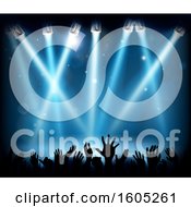 Clipart Of A Silhouetted Concert Against A Stage With Blue Lighting Royalty Free Vector Illustration