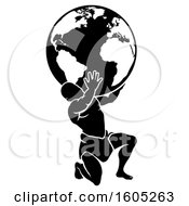 Clipart Of A Silhouetted Black And White Atlas Titan Man Carrying A Globe Royalty Free Vector Illustration by AtStockIllustration