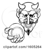Clipart Of A Black And White Grinning Evil Devil Holding Out A Tennis Ball In A Clawed Hand Royalty Free Vector Illustration