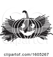 Poster, Art Print Of Black And White Halloween Jackolantern Pumpkin With Straw Or Hay