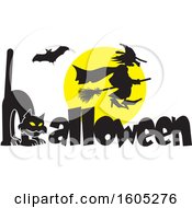 Poster, Art Print Of Silhouetted Bat And Witch Flying Against A Full Moon Over A Cat Forming An H In The Word Halloween