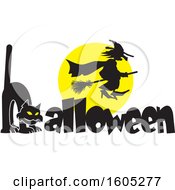 Poster, Art Print Of Silhouetted Witch Flying Against A Full Moon Over A Cat Forming An H In The Word Halloween