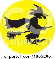Poster, Art Print Of Silhouetted Halloween Witch Flying Against A Full Moon