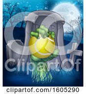 Poster, Art Print Of Rising Zombie Hand Holding A Tennis Ball In A Cemetery