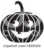 Clipart Of A Black And White Smiling Halloween Jackolantern Pumpkin Royalty Free Vector Illustration by Johnny Sajem