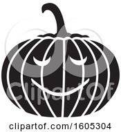 Clipart Of A Black And White Halloween Jackolantern Pumpkin Royalty Free Vector Illustration by Johnny Sajem